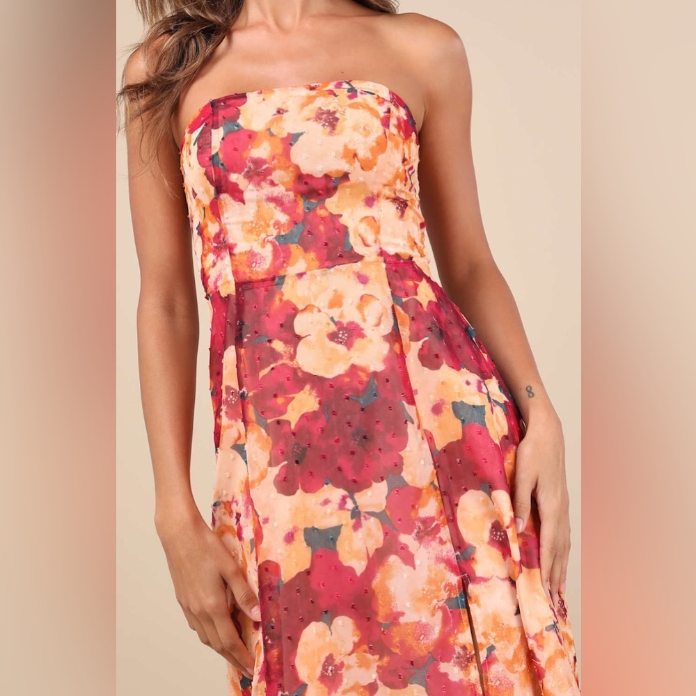 Lulus Bright Perspective Plum and Orange Floral Strapless
Midi Dress - Picture 2 of 4